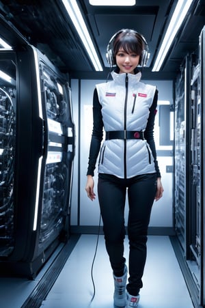 (masterpiece):1.2, best quality,(highly detailed:1.3),poatrait shot, upper body shot,smile,enjiy,headphone,BREAK white and blue bright futuristic spacestation cyberpunk laboratory, futuristic cylindrical pod, transparent glass capsule, 1lady,japanese idol girl,20yo,astrovest,white down vest,black tughts,black long sleeves,black belt,headphone,futuristic silver shiny latex bodysuit,bright suit,astronaut, futuristic space suit,artificial skin, standing pose, unconscious or sleeping state, minimal clothing, complex life support systems, wires and tubes, metallic textures, dark color palette, sci-fi atmosphere, monitoring devices, indicator lights, meters, labels and serial numbers, advanced research facility, control panels, touch screens, integrated machinery, ethical questions about human-technology fusion, post-apocalyptic undertones, corporate research and development themes, highly detailed,astrovest, dramatic lighting, 8k resolution --aspect 9:16