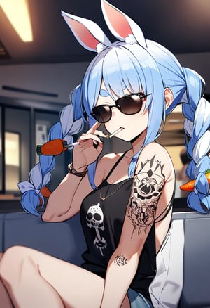 1girl, usada pekora,sunglasses, cigarette, (tattoo on arm):2,bar