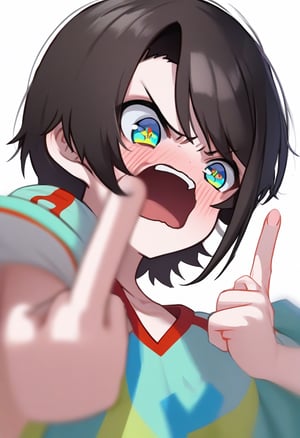 One girl, alone, oozora subaru, (angry):0.2,Middle finger, open mouth,White Background, masterpiece, highest quality, so beautiful, Absurd,


