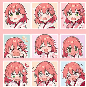 masterpiece, best quality, very aesthetic, absurdres, (((1 girl))),(chibi),sakura miko,multiple expressions, (blush):1.5,(shout),(cry),(sweat),grid layout, kawaii anime style, intricate details, high resolution, expressions: [neutral, happy, surprised, embarrassed, sad, angry, scared, confused, blushing], wearing kimono, hair with flower accessory, different background colors for each expression, pastel color scheme, extremely detailed eyes