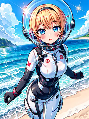 Extreme detail,masterpiece,anime illustration ,love_live style,1girl, beach, clear sky, blue sea, black_hair, short hair, bangs, large_eyes, pink_eyes,  (space helmet):4,(clear_helmet):3, neck seal,shiny wetsuit, black_bodysuit, red_accents, gloves, thigh_straps, looking_at_viewer, surprised_expression, bodysuit, sea_background, sunny, headphone,blonde hair,short hair,blue eyes,blush,bing_wetsuit,astrovest