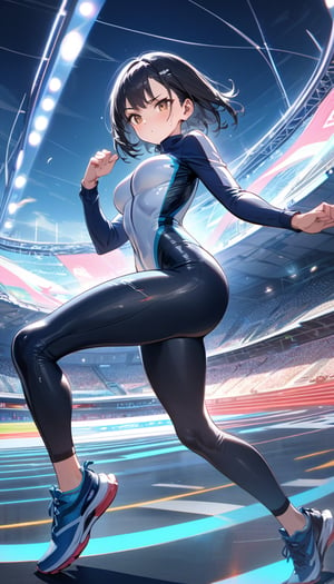 Anime style, 4K UHD, high quality, masterpiece:1.5
Character: 1 girl (solo), 20yo, black short hair (slightly windswept):1.2, brown eyes, determined expression, focused gaze
Outfit: (high-tech sleek one-piece track suit):1.5, (color-shifting aerodynamic fabric):1.3, (integrated biometric sensors):1.2
Pose: dynamic sprinting pose, mid-stride, powerful leg extension:1.3
Setting: futuristic Olympic stadium:1.4, (holographic lane markers):1.2, advanced timing systems, floating digital scoreboards
Props: (next-gen running shoes with adaptive soles):1.2, (AR contact lenses for real-time performance data):1.3
Atmosphere: motion blur:1.3, dynamic lighting emphasizing speed, holographic crowd cheering
Details: sharp focus, detailed muscle definition, sweat beads on skin, photoreal:1.2
Style: anime, sports, futuristic, advanced technology