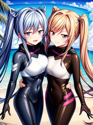 Two anime characters depicted with vibrant colors and high detail. The first character is a girl with long silver hair and blue eyes, wearing a tight, glossy black bodysuit with purple accents that suggest futuristic armor. The second character is a girl with blonde hair styled in twin tails, pink eyes, and a similar glossy black bodysuit with purple accents. Both are smiling with a sense of camaraderie, positioned closely together in a friendly pose. The setting is a sandy beach with hints of vegetation and a clear sky in the background, creating a stark contrast with their futuristic attire.