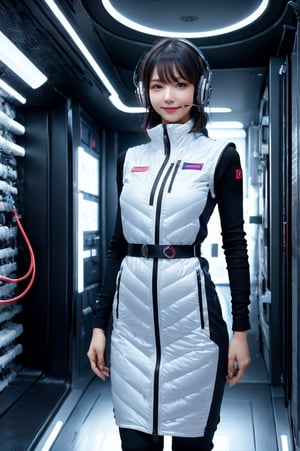 (masterpiece):1.2, best quality,(highly detailed:1.3),poatrait shot, upper body shot,smile,enjiy,headphone,BREAK white and blue bright futuristic spacestation cyberpunk laboratory, futuristic cylindrical pod, transparent glass capsule, 1lady,japanese idol girl,20yo,astrovest,white down vest,black tughts,black long sleeves,black belt,headphone,futuristic silver shiny latex bodysuit,bright suit,astronaut, futuristic space suit,artificial skin, standing pose, unconscious or sleeping state, minimal clothing, complex life support systems, wires and tubes, metallic textures, dark color palette, sci-fi atmosphere, monitoring devices, indicator lights, meters, labels and serial numbers, advanced research facility, control panels, touch screens, integrated machinery, ethical questions about human-technology fusion, post-apocalyptic undertones, corporate research and development themes, highly detailed,astrovest, dramatic lighting, 8k resolution --aspect 9:16