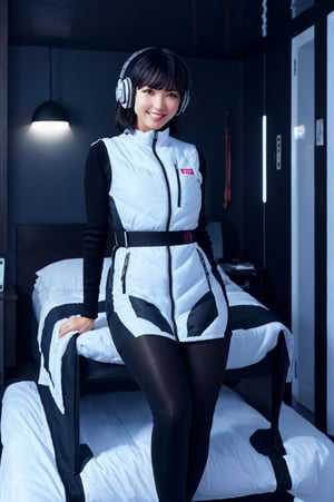 (masterpiece):1.2, best quality, (highly detailed:1.3), (2girls):2, 22yo, 170cm ,japanese idol girls,top instagrammer ladys,smile, (latex white bodysuit, headphone), (futuristic room):1.5,white and black room, inside spacestation, cyberpunk room, (inside cyberpunk hotel room):1.3, sitting close together on bed, faces near each other, intimate pose, morning light, volumetric lighting, bing_astronaut, V-shaped eyebrows, astrovest:1.5, BREAK, black belt, black stocking, black tights, black long sleeve, BREAK, inside white spaceship background, astrovest, tnf_jacket, instagram-style composition, casual and natural posing