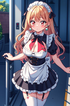 1girl, solo, long hair, breasts, looking at viewer, blush, bangs, blonde hair, large breasts, red eyes, thighhighs, dress, bow, cleavage, jewelry, closed mouth, standing, short sleeves, thighs, multicolored hair, earrings, outdoors, frills, alternate costume, puffy sleeves, bowtie, nail polish, apron, black dress, white thighhighs, puffy short sleeves, zettai ryouiki, maid, maid headdress, black bow, swept bangs, garter straps, piercing, cat, frilled dress, ground vehicle, ear piercing, black nails, waist apron, white apron, maid apron, frilled apron, black bowtie, enmaided, industrial piercing, kitagawa marin