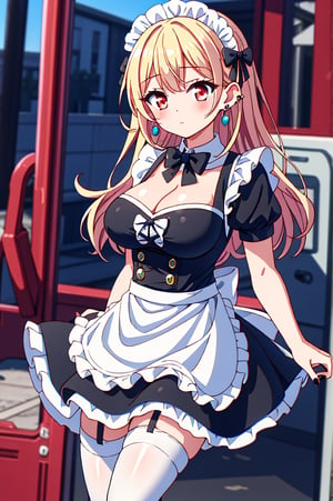 1girl, solo, long hair, breasts, looking at viewer, blush, bangs, blonde hair, large breasts, red eyes, thighhighs, dress, bow, cleavage, jewelry, closed mouth, standing, short sleeves, thighs, multicolored hair, earrings, outdoors, frills, alternate costume, puffy sleeves, bowtie, nail polish, apron, black dress, white thighhighs, puffy short sleeves, zettai ryouiki, maid, maid headdress, black bow, swept bangs, garter straps, piercing, cat, frilled dress, ground vehicle, ear piercing, black nails, waist apron, white apron, maid apron, frilled apron, black bowtie, enmaided, industrial piercing, kitagawa marin
