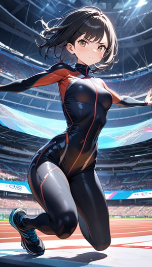 Anime style, 4K UHD, high quality, masterpiece:1.5
Character: 1 girl (solo), 20yo, black short hair (slightly windswept):1.2, brown eyes, determined expression, focused gaze
Outfit: (high-tech sleek one-piece track suit):1.5, (color-shifting aerodynamic fabric):1.3, (integrated biometric sensors):1.2
Pose: dynamic sprinting pose, mid-stride, powerful leg extension:1.3
Setting: futuristic Olympic stadium:1.4, (holographic lane markers):1.2, advanced timing systems, floating digital scoreboards
Props: (next-gen running shoes with adaptive soles):1.2, (AR contact lenses for real-time performance data):1.3
Atmosphere: motion blur:1.3, dynamic lighting emphasizing speed, holographic crowd cheering
Details: sharp focus, detailed muscle definition, sweat beads on skin, photoreal:1.2
Style: anime, sports, futuristic, advanced technology