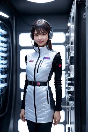 (masterpiece):1.2, best quality,(highly detailed:1.3),poatrait shot, upper body shot,smile,enjiy,headphone,BREAK white and blue bright futuristic spacestation cyberpunk laboratory, futuristic cylindrical pod, transparent glass capsule, 1lady,japanese idol girl,20yo,astrovest,white down vest,black tughts,black long sleeves,black belt,headphone,futuristic silver shiny latex bodysuit,bright suit,astronaut, futuristic space suit,artificial skin, standing pose, unconscious or sleeping state, minimal clothing, complex life support systems, wires and tubes, metallic textures, dark color palette, sci-fi atmosphere, monitoring devices, indicator lights, meters, labels and serial numbers, advanced research facility, control panels, touch screens, integrated machinery, ethical questions about human-technology fusion, post-apocalyptic undertones, corporate research and development themes, highly detailed,astrovest, dramatic lighting, 8k resolution --aspect 9:16