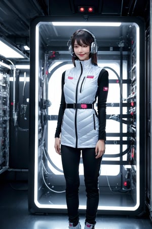 (masterpiece):1.2, best quality,(highly detailed:1.3),poatrait shot, upper body shot,smile,enjiy,headphone,BREAK white and blue bright futuristic spacestation cyberpunk laboratory, futuristic cylindrical pod, transparent glass capsule, 1lady,japanese idol girl,20yo,astrovest,white down vest,black tughts,black long sleeves,black belt,headphone,futuristic silver shiny latex bodysuit,bright suit,astronaut, futuristic space suit,artificial skin, standing pose, unconscious or sleeping state, minimal clothing, complex life support systems, wires and tubes, metallic textures, dark color palette, sci-fi atmosphere, monitoring devices, indicator lights, meters, labels and serial numbers, advanced research facility, control panels, touch screens, integrated machinery, ethical questions about human-technology fusion, post-apocalyptic undertones, corporate research and development themes, highly detailed,astrovest, dramatic lighting, 8k resolution --aspect 9:16