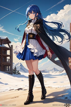 solo, long hair, looking at viewer, blue eyes, 1girl, jewelry, blue hair, full body, female focus, earrings, boots, cape, copyright name, mountain