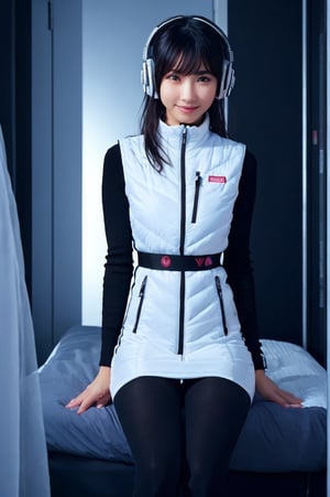 (masterpiece):1.2, best quality, (highly detailed:1.3), (2girls):2, 22yo, 170cm ,japanese idol girls,top instagrammer ladys,smile, (latex white bodysuit, headphone), (futuristic room):1.5,white and black room, inside spacestation, cyberpunk room, (inside cyberpunk hotel room):1.3, sitting close together on bed, faces near each other, intimate pose, morning light, volumetric lighting, bing_astronaut, V-shaped eyebrows, astrovest:1.5, BREAK, black belt, black stocking, black tights, black long sleeve, BREAK, inside white spaceship background, astrovest, tnf_jacket, instagram-style composition, casual and natural posing