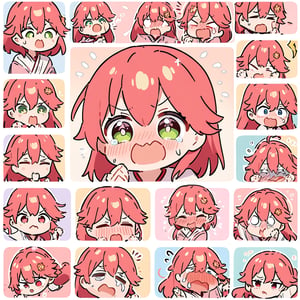 masterpiece, best quality, very aesthetic, absurdres, (((1 girl))),(chibi),sakura miko,multiple expressions, (blush):1.5,(shout),(cry),(sweat),grid layout, kawaii anime style, intricate details, high resolution, expressions: [neutral, happy, surprised, embarrassed, sad, angry, scared, confused, blushing], wearing kimono, hair with flower accessory, different background colors for each expression, pastel color scheme, extremely detailed eyes