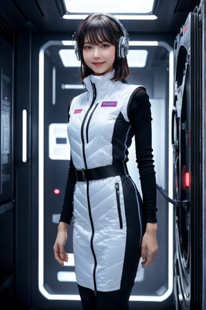 (masterpiece):1.2, best quality,(highly detailed:1.3),poatrait shot, upper body shot,smile,enjiy,headphone,BREAK white and blue bright futuristic spacestation cyberpunk laboratory, futuristic cylindrical pod, transparent glass capsule, 1lady,japanese idol girl,20yo,astrovest,white down vest,black tughts,black long sleeves,black belt,headphone,futuristic silver shiny latex bodysuit,bright suit,astronaut, futuristic space suit,artificial skin, standing pose, unconscious or sleeping state, minimal clothing, complex life support systems, wires and tubes, metallic textures, dark color palette, sci-fi atmosphere, monitoring devices, indicator lights, meters, labels and serial numbers, advanced research facility, control panels, touch screens, integrated machinery, ethical questions about human-technology fusion, post-apocalyptic undertones, corporate research and development themes, highly detailed,astrovest, dramatic lighting, 8k resolution --aspect 9:16