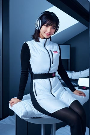 (masterpiece):1.2, best quality, (highly detailed:1.3), (2girls):2, 22yo, 170cm ,japanese idol girls,top instagrammer ladys,smile, (latex white bodysuit, headphone), (futuristic room):1.5,white and black room, inside spacestation, cyberpunk room, (inside cyberpunk hotel room):1.3, sitting close together on bed, faces near each other, intimate pose, morning light, volumetric lighting, bing_astronaut, V-shaped eyebrows, astrovest:1.5, BREAK, black belt, black stocking, black tights, black long sleeve, BREAK, inside white spaceship background, astrovest, tnf_jacket, instagram-style composition, casual and natural posing