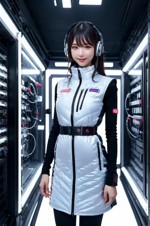 (masterpiece):1.2, best quality,(highly detailed:1.3),poatrait shot, upper body shot,smile,enjiy,headphone,BREAK white and blue bright futuristic spacestation cyberpunk laboratory, futuristic cylindrical pod, transparent glass capsule, 1lady,japanese idol girl,20yo,astrovest,white down vest,black tughts,black long sleeves,black belt,headphone,futuristic silver shiny latex bodysuit,bright suit,astronaut, futuristic space suit,artificial skin, standing pose, unconscious or sleeping state, minimal clothing, complex life support systems, wires and tubes, metallic textures, dark color palette, sci-fi atmosphere, monitoring devices, indicator lights, meters, labels and serial numbers, advanced research facility, control panels, touch screens, integrated machinery, ethical questions about human-technology fusion, post-apocalyptic undertones, corporate research and development themes, highly detailed,astrovest, dramatic lighting, 8k resolution --aspect 9:16