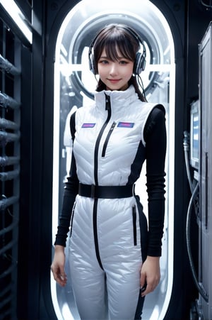 (masterpiece):1.2, best quality,(highly detailed:1.3),poatrait shot, upper body shot,smile,enjiy,headphone,BREAK white and blue bright futuristic spacestation cyberpunk laboratory, futuristic cylindrical pod, transparent glass capsule, 1lady,japanese idol girl,20yo,astrovest,white down vest,black tughts,black long sleeves,black belt,headphone,futuristic silver shiny latex bodysuit,bright suit,astronaut, futuristic space suit,artificial skin, standing pose, unconscious or sleeping state, minimal clothing, complex life support systems, wires and tubes, metallic textures, dark color palette, sci-fi atmosphere, monitoring devices, indicator lights, meters, labels and serial numbers, advanced research facility, control panels, touch screens, integrated machinery, ethical questions about human-technology fusion, post-apocalyptic undertones, corporate research and development themes, highly detailed,astrovest, dramatic lighting, 8k resolution --aspect 9:16