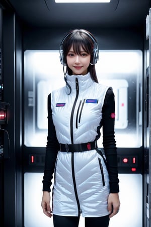 (masterpiece):1.2, best quality,(highly detailed:1.3),poatrait shot, upper body shot,smile,enjiy,headphone,BREAK white and blue bright futuristic spacestation cyberpunk laboratory, futuristic cylindrical pod, transparent glass capsule, 1lady,japanese idol girl,20yo,astrovest,white down vest,black tughts,black long sleeves,black belt,headphone,futuristic silver shiny latex bodysuit,bright suit,astronaut, futuristic space suit,artificial skin, standing pose, unconscious or sleeping state, minimal clothing, complex life support systems, wires and tubes, metallic textures, dark color palette, sci-fi atmosphere, monitoring devices, indicator lights, meters, labels and serial numbers, advanced research facility, control panels, touch screens, integrated machinery, ethical questions about human-technology fusion, post-apocalyptic undertones, corporate research and development themes, highly detailed,astrovest, dramatic lighting, 8k resolution --aspect 9:16