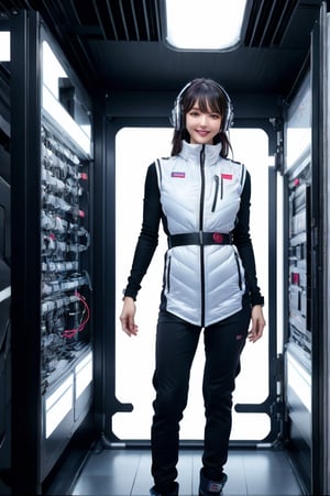 (masterpiece):1.2, best quality,(highly detailed:1.3),poatrait shot, upper body shot,smile,enjiy,headphone,BREAK white and blue bright futuristic spacestation cyberpunk laboratory, futuristic cylindrical pod, transparent glass capsule, 1lady,japanese idol girl,20yo,astrovest,white down vest,black tughts,black long sleeves,black belt,headphone,futuristic silver shiny latex bodysuit,bright suit,astronaut, futuristic space suit,artificial skin, standing pose, unconscious or sleeping state, minimal clothing, complex life support systems, wires and tubes, metallic textures, dark color palette, sci-fi atmosphere, monitoring devices, indicator lights, meters, labels and serial numbers, advanced research facility, control panels, touch screens, integrated machinery, ethical questions about human-technology fusion, post-apocalyptic undertones, corporate research and development themes, highly detailed,astrovest, dramatic lighting, 8k resolution --aspect 9:16