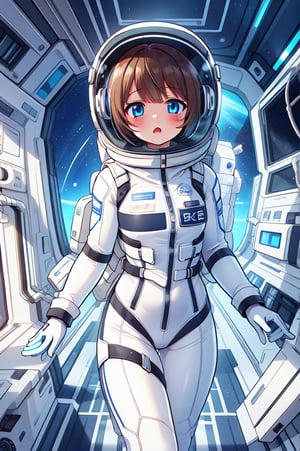 Extreme detail,masterpiece,anime illustration ,1girl,  short hair, bangs, large_eyes, blue_eyes,  (space helmet):4,(clear_helmet):3, neck seal,white space suit,  gloves, thigh_straps, looking_at_viewer, lomg pants,surprised_expression,headphone,light brown hair,short hair,blue eyes,blush,bing_wetsuit,astrovest,astrogirl,
