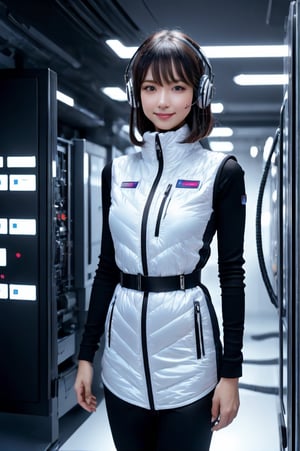 (masterpiece):1.2, best quality,(highly detailed:1.3),poatrait shot, upper body shot,smile,enjiy,headphone,BREAK white and blue bright futuristic spacestation cyberpunk laboratory, futuristic cylindrical pod, transparent glass capsule, 1lady,japanese idol girl,20yo,astrovest,white down vest,black tughts,black long sleeves,black belt,headphone,futuristic silver shiny latex bodysuit,bright suit,astronaut, futuristic space suit,artificial skin, standing pose, unconscious or sleeping state, minimal clothing, complex life support systems, wires and tubes, metallic textures, dark color palette, sci-fi atmosphere, monitoring devices, indicator lights, meters, labels and serial numbers, advanced research facility, control panels, touch screens, integrated machinery, ethical questions about human-technology fusion, post-apocalyptic undertones, corporate research and development themes, highly detailed,astrovest, dramatic lighting, 8k resolution --aspect 9:16