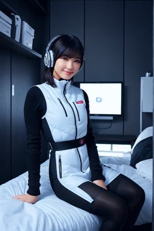 (masterpiece):1.2, best quality, (highly detailed:1.3), (2girls):2, 22yo, 170cm ,japanese idol girls,top instagrammer ladys,smile, (latex white bodysuit, headphone), (futuristic room):1.5,white and black room, inside spacestation, cyberpunk room, (inside cyberpunk hotel room):1.3, sitting close together on bed, faces near each other, intimate pose, morning light, volumetric lighting, bing_astronaut, V-shaped eyebrows, astrovest:1.5, BREAK, black belt, black stocking, black tights, black long sleeve, BREAK, inside white spaceship background, astrovest, tnf_jacket, instagram-style composition, casual and natural posing