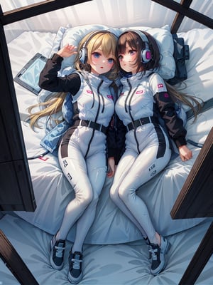 (masterpiece:1.2, best quality), (highly detailed:1.3), (2girls):2, 14yo, (latex white bobysuit,headphone), lying on bed,(inside cyberpunk hotel room):1.3,
, kissing, morning light, volumetric lighting,bing_astronaut,V-shaped eyebrows,Astrovest,BREAK,blonde long hair girl,black belt,BREAK inside white spaceship background