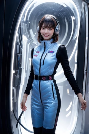 (masterpiece):1.2, best quality,(highly detailed:1.3),poatrait shot, upper body shot,smile,enjiy,headphone,BREAK white and blue bright futuristic spacestation cyberpunk laboratory, futuristic cylindrical pod, transparent glass capsule, 1lady,japanese idol girl,20yo,astrovest,white down vest,black tughts,black long sleeves,black belt,headphone,futuristic silver shiny latex bodysuit,bright suit,astronaut, futuristic space suit,artificial skin, standing pose, unconscious or sleeping state, minimal clothing, complex life support systems, wires and tubes, metallic textures, dark color palette, sci-fi atmosphere, monitoring devices, indicator lights, meters, labels and serial numbers, advanced research facility, control panels, touch screens, integrated machinery, ethical questions about human-technology fusion, post-apocalyptic undertones, corporate research and development themes, highly detailed,astrovest, dramatic lighting, 8k resolution --aspect 9:16