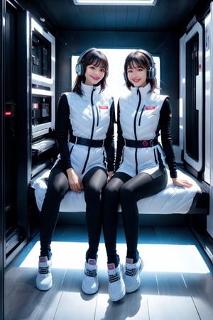 (masterpiece):1.2, best quality, (highly detailed:1.3), (2girls):2, 22yo, 170cm ,top instagrammer ladys,smile, (latex white bodysuit, headphone), (futuristic white color room with blue and white led lights):1.5, inside spacestation, cyberpunk room, (inside cyberpunk hotel room):1.3, sitting close together on bed, faces near each other, intimate pose, morning light, volumetric lighting, bing_astronaut, V-shaped eyebrows, astrovest:1.5, BREAK, black belt, black stocking, black tights, black long sleeve, BREAK, inside white spaceship background, astrovest, tnf_jacket, instagram-style composition, casual and natural posing