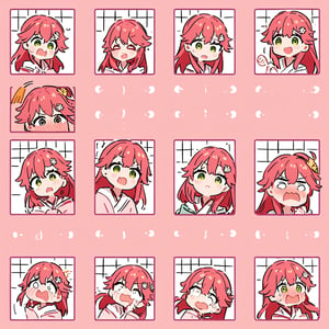 masterpiece, best quality, very aesthetic, absurdres, (((1 girl))),(chibi),sakura miko,multiple expressions, (blush):1.5,(shout),(cry),(sweat),grid layout, kawaii anime style, intricate details, high resolution, expressions: [neutral, happy, surprised, embarrassed, sad, angry, scared, confused, blushing], wearing kimono, hair with flower accessory, different background colors for each expression, pastel color scheme, extremely detailed eyes