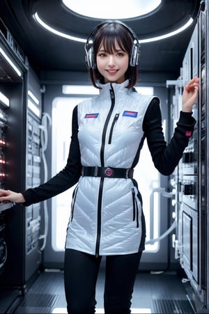 (masterpiece):1.2, best quality,(highly detailed:1.3),poatrait shot, upper body shot,smile,enjiy,headphone,BREAK white and blue bright futuristic spacestation cyberpunk laboratory, futuristic cylindrical pod, transparent glass capsule, 1lady,japanese idol girl,20yo,astrovest,white down vest,black tughts,black long sleeves,black belt,headphone,futuristic silver shiny latex bodysuit,bright suit,astronaut, futuristic space suit,artificial skin, standing pose, unconscious or sleeping state, minimal clothing, complex life support systems, wires and tubes, metallic textures, dark color palette, sci-fi atmosphere, monitoring devices, indicator lights, meters, labels and serial numbers, advanced research facility, control panels, touch screens, integrated machinery, ethical questions about human-technology fusion, post-apocalyptic undertones, corporate research and development themes, highly detailed,astrovest, dramatic lighting, 8k resolution --aspect 9:16