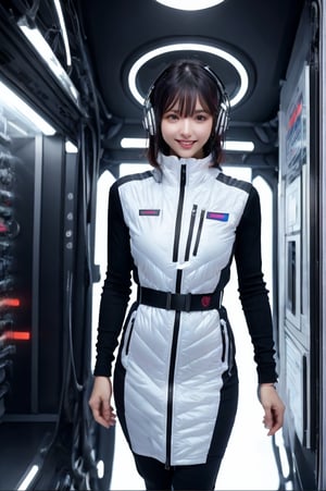 (masterpiece):1.2, best quality,(highly detailed:1.3),poatrait shot, upper body shot,smile,enjiy,headphone,BREAK white and blue bright futuristic spacestation cyberpunk laboratory, futuristic cylindrical pod, transparent glass capsule, 1lady,japanese idol girl,20yo,astrovest,white down vest,black tughts,black long sleeves,black belt,headphone,futuristic silver shiny latex bodysuit,bright suit,astronaut, futuristic space suit,artificial skin, standing pose, unconscious or sleeping state, minimal clothing, complex life support systems, wires and tubes, metallic textures, dark color palette, sci-fi atmosphere, monitoring devices, indicator lights, meters, labels and serial numbers, advanced research facility, control panels, touch screens, integrated machinery, ethical questions about human-technology fusion, post-apocalyptic undertones, corporate research and development themes, highly detailed,astrovest, dramatic lighting, 8k resolution --aspect 9:16