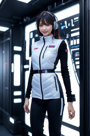 (masterpiece):1.2, best quality,(highly detailed:1.3),poatrait shot, upper body shot,smile,enjiy,headphone,BREAK white and blue bright futuristic spacestation cyberpunk laboratory, futuristic cylindrical pod, transparent glass capsule, 1lady,japanese idol girl,20yo,astrovest,white down vest,black tughts,black long sleeves,black belt,headphone,futuristic silver shiny latex bodysuit,bright suit,astronaut, futuristic space suit,artificial skin, standing pose, unconscious or sleeping state, minimal clothing, complex life support systems, wires and tubes, metallic textures, dark color palette, sci-fi atmosphere, monitoring devices, indicator lights, meters, labels and serial numbers, advanced research facility, control panels, touch screens, integrated machinery, ethical questions about human-technology fusion, post-apocalyptic undertones, corporate research and development themes, highly detailed,astrovest, dramatic lighting, 8k resolution --aspect 9:16