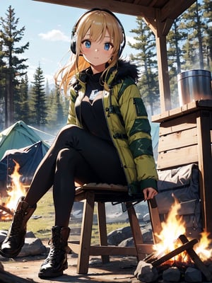 masterpiece:1.2, best quality, (highly detailed:1.3), 1girl, solo, long hair, looking at viewer, blonde hair,headphone, holding, blue eyes, sitting, jacket, boots, outdoors, BREAK black skirt, tights,boots,cup, BREAK (green downjacket):1.3,coat, fur trim, BREAK sitting on camping chair, brown footwear, crossed legs,BREAK one bonfire, holding cup, mug, pants, tent, camp,forest,glass field,campfire,day,sunny sky,tnf_jacket