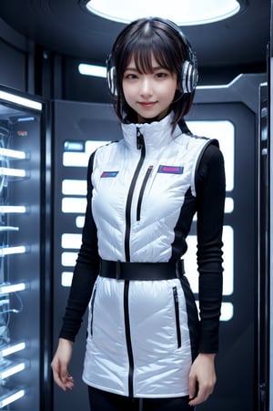 (masterpiece):1.2, best quality,(highly detailed:1.3),poatrait shot, upper body shot,smile,enjiy,headphone,BREAK white and blue bright futuristic spacestation cyberpunk laboratory, futuristic cylindrical pod, transparent glass capsule, 1lady,japanese idol girl,20yo,astrovest,white down vest,black tughts,black long sleeves,black belt,headphone,futuristic silver shiny latex bodysuit,bright suit,astronaut, futuristic space suit,artificial skin, standing pose, unconscious or sleeping state, minimal clothing, complex life support systems, wires and tubes, metallic textures, dark color palette, sci-fi atmosphere, monitoring devices, indicator lights, meters, labels and serial numbers, advanced research facility, control panels, touch screens, integrated machinery, ethical questions about human-technology fusion, post-apocalyptic undertones, corporate research and development themes, highly detailed,astrovest, dramatic lighting, 8k resolution --aspect 9:16