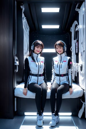 (masterpiece):1.2, best quality, (highly detailed:1.3), (2girls):2, 22yo, 170cm ,top instagrammer ladys,smile, (latex white bodysuit, headphone), (futuristic white color room with blue and white led lights):1.5, inside spacestation, cyberpunk room, (inside cyberpunk hotel room):1.3, sitting close together on bed, faces near each other, intimate pose, morning light, volumetric lighting, bing_astronaut, V-shaped eyebrows, astrovest:1.5, BREAK, black belt, black stocking, black tights, black long sleeve, BREAK, inside white spaceship background, astrovest, tnf_jacket, instagram-style composition, casual and natural posing