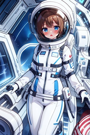 Extreme detail,masterpiece,anime illustration ,1girl,  short hair, bangs, large_eyes, blue_eyes,  (space helmet):4,(clear_helmet):3, neck seal,white space suit,  gloves, thigh_straps, looking_at_viewer, lomg pants,surprised_expression,headphone,light brown hair,short hair,blue eyes,blush,bing_wetsuit,astrovest,astrogirl,