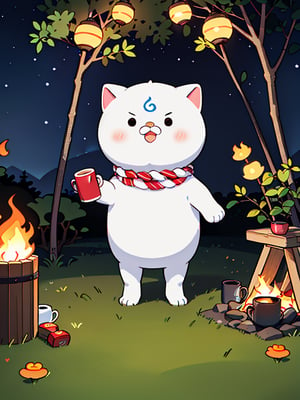 (35P):2,solo, chibi:2, white cat, kawaii, cute face, looking at viewer, blush, simple background of campsite with starry night sky, standing on grass next to pitched tent, with campfire flickering nearby, holding coffee mug in paws, tail swishing relaxedly, full body, no humans, cat, vector illustration, whimsical camping scene

