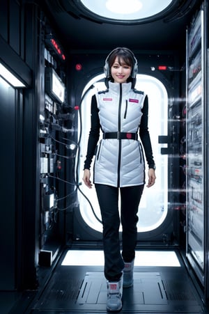 (masterpiece):1.2, best quality,(highly detailed:1.3),poatrait shot, upper body shot,smile,enjiy,headphone,BREAK white and blue bright futuristic spacestation cyberpunk laboratory, futuristic cylindrical pod, transparent glass capsule, 1lady,japanese idol girl,20yo,astrovest,white down vest,black tughts,black long sleeves,black belt,headphone,futuristic silver shiny latex bodysuit,bright suit,astronaut, futuristic space suit,artificial skin, standing pose, unconscious or sleeping state, minimal clothing, complex life support systems, wires and tubes, metallic textures, dark color palette, sci-fi atmosphere, monitoring devices, indicator lights, meters, labels and serial numbers, advanced research facility, control panels, touch screens, integrated machinery, ethical questions about human-technology fusion, post-apocalyptic undertones, corporate research and development themes, highly detailed,astrovest, dramatic lighting, 8k resolution --aspect 9:16