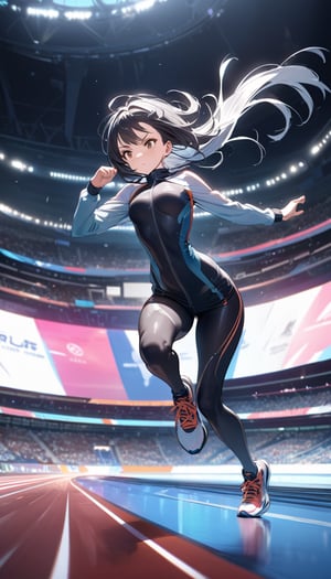 Anime style, 4K UHD, high quality, masterpiece:1.5
Character: 1 girl (solo), 20yo, black short hair (slightly windswept):1.2, brown eyes, determined expression, focused gaze
Outfit: (high-tech sleek one-piece track suit):1.5, (color-shifting aerodynamic fabric):1.3, (integrated biometric sensors):1.2
Pose: dynamic sprinting pose, mid-stride, powerful leg extension:1.3
Setting: futuristic Olympic stadium:1.4, (holographic lane markers):1.2, advanced timing systems, floating digital scoreboards
Props: (next-gen running shoes with adaptive soles):1.2, (AR contact lenses for real-time performance data):1.3
Atmosphere: motion blur:1.3, dynamic lighting emphasizing speed, holographic crowd cheering
Details: sharp focus, detailed muscle definition, sweat beads on skin, photoreal:1.2
Style: anime, sports, futuristic, advanced technology