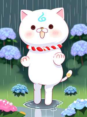 (35P):2, solo, chibi:2, white cat, kawaii, cute face, looking at viewer, blush, happy and playful expression, simple background with rain drops, standing on the grass with hydrangea flowers, tail, full body, no humans, cat, vector illustration, outdoors, enjoying rainy day

