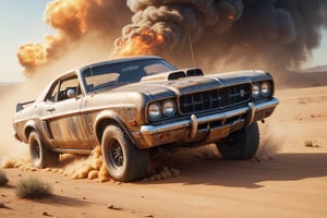 mercury coupe, mad max, desert, trucks, attack, boarding, gunfire, explosions, jump ahead, dust from wheels, motorcycles, high speed pursuit, many objects in frame, ultra detail overall, panoramic plan,