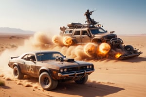 dodge, mad max, desert, trucks, attack, boarding, gunfire, explosions, jump ahead, dust from wheels, motorcycles, high speed pursuit, many objects in frame, ultra detail overall, panoramic plan,