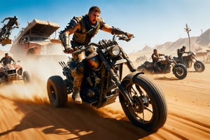 mad max, desert, monster trucks, attack, sidecar motorcyles, boarding,gunfire, blood, violence, explosions, many objects in frame, ultra detail overall, panoramic plan, epic battle, high speed pursuit, jump ahead, 