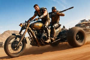 mad max, desert, monster trucks, attack, sidecar motorcyles, boarding,gunfire, blood, violence, explosions, many objects in frame, ultra detail overall, panoramic plan, epic battle, high speed pursuit, jump ahead, 
