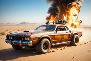 mercury coupe, mad max, desert, trucks, attack, boarding, gunfire, many explosions, jump ahead, dust from wheels, sidecar motorcycles, high speed pursuit, many objects in frame, ultra detail overall, panoramic plan, epic battle,