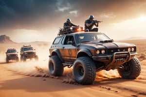 mad max, desert, trucks, attack, boarding, gunfire, explosions, jump ahead, dust from wheels, motorcycles, high speed pursuit, many objects in frame, ultra detail overall, panoramic plan,