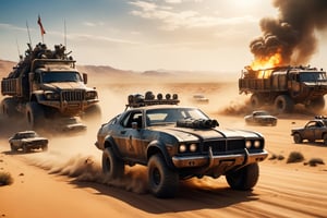 mad max, desert, heavy hauler, trucks, attack, boarding, gunfire, explosions, jump ahead, dust from wheels, motorcycles, high speed pursuit, many objects in frame, ultra detail overall, panoramic plan,