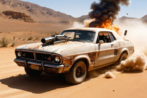 mercury coupe, mad max, desert, trucks, attack, boarding, gunfire, explosions, jump ahead, dust from wheels, motorcycles, high speed pursuit, many objects in frame, ultra detail overall, panoramic plan, epic battle,