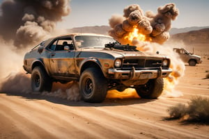 mercury coupe, mad max, desert, trucks, attack, boarding, gunfire, explosions, jump ahead, dust from wheels, motorcycles, high speed pursuit, many objects in frame, ultra detail overall, panoramic plan, epic battle,